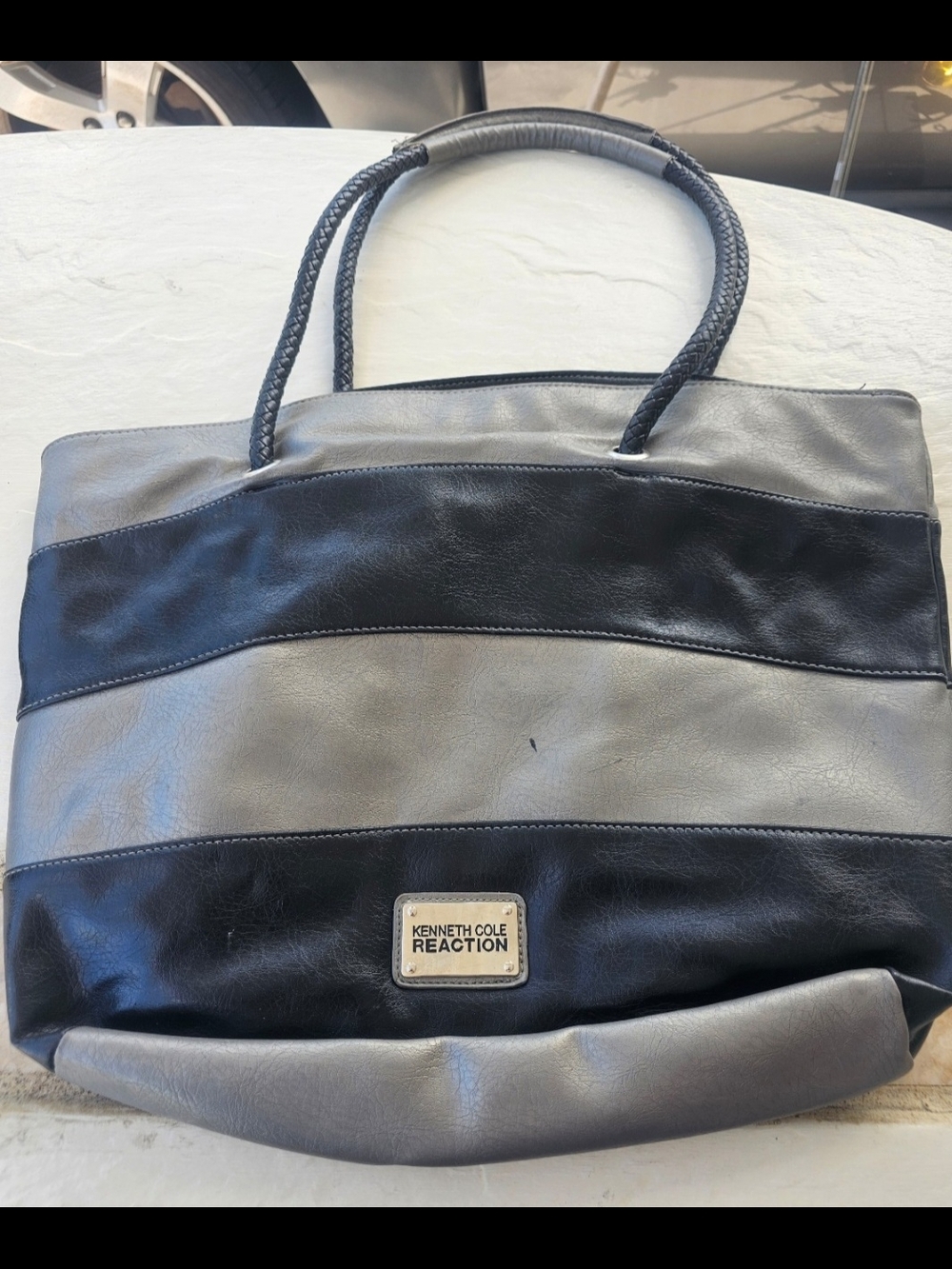 Kenneth Cole Reaction Black and Gray Striped Tote